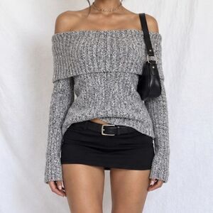 Vintage Y2K Gray Knit Off The Shoulder Foldover Long Sleeve Sweater Top Size S